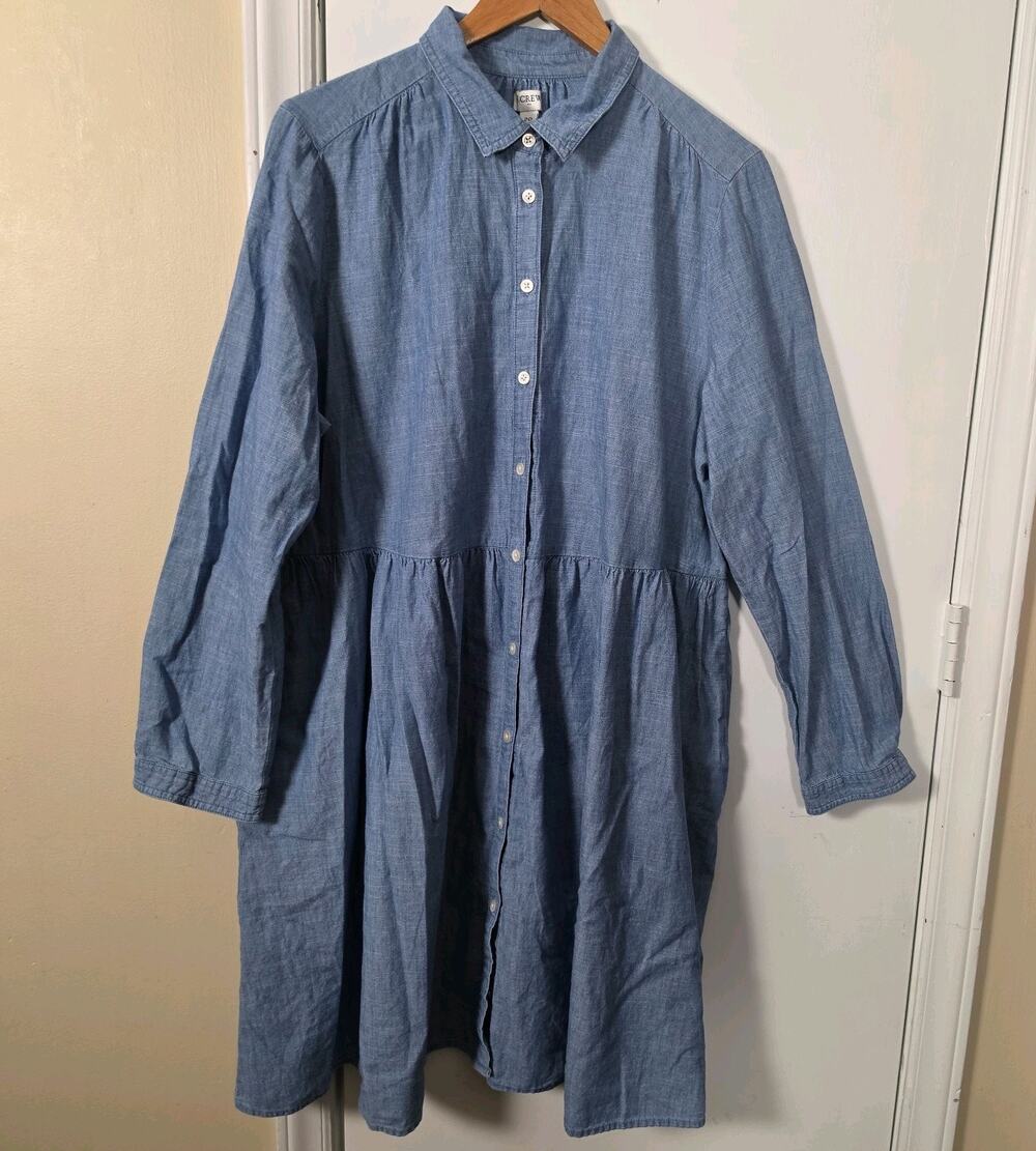 J. Crew Chambray Denim Shirt Dress Long Sleeve Collared Button Front Sz 20